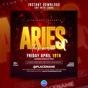 Aries Takeover Party Flyer, Editable On Cava