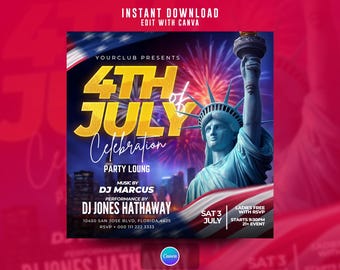 May include: A 4th of July celebration party flyer featuring the Statue of Liberty, fireworks, and an American flag. Text includes: 4th of July Celebration, Party Loung, DJ Marcus, DJ Jones Hathaway, 10450 San Jose Blvd, Florida, 4425, RSVP 000 111 222 3333, Sat 3 July, Ladies Free With RSVP, Starts 9:30PM, 21+ Event.