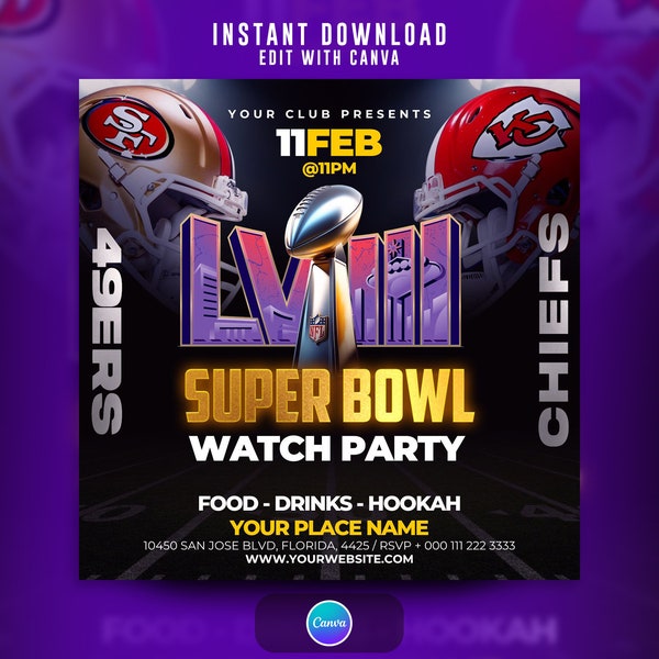 Editable Super Bowl 2024 Flyer, Canva Super Bowl Watch Party Flyer | Super Bowl Invitation Template