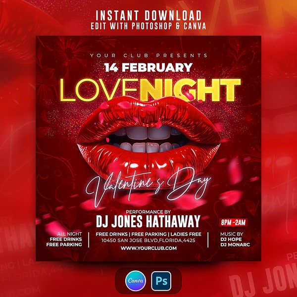 Valentines Day Flyer, Night Club Flyer, Flyer Template, Valentine's Day party Instagram Flyer, DIY Flyer, February 14, Valentines Party