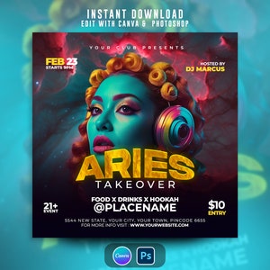 Aries Takeover Party Flyer, Editable On Cava And Photoshop