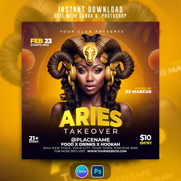 Aries Takeover Party Flyer, Editable On Cava And Photoshop