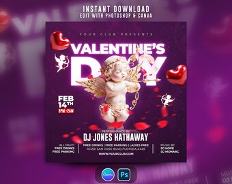 May include: A purple Valentine's Day event flyer with the text "Valentine's Day" in large white letters. It features a cherub with golden wings and a bow and arrow, along with red heart decorations and the text "DJ Jones Hathaway".