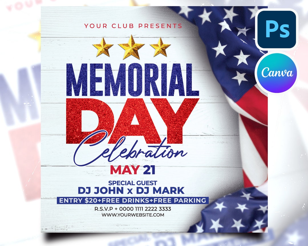 Editable Memorial Day Flyer Template: Canva Invitation Card (digital ...