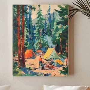 Kit de pintura para acampamento por número, presentes para ele, presentes para ela, presentes, decoração de parede de dormitório, decoração estética, decoração de cabine, pintura em estilo vintage por números