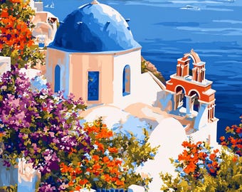 サントリーニ島の数字で描くペイントキット：ギリシャ旅行アート、DIY