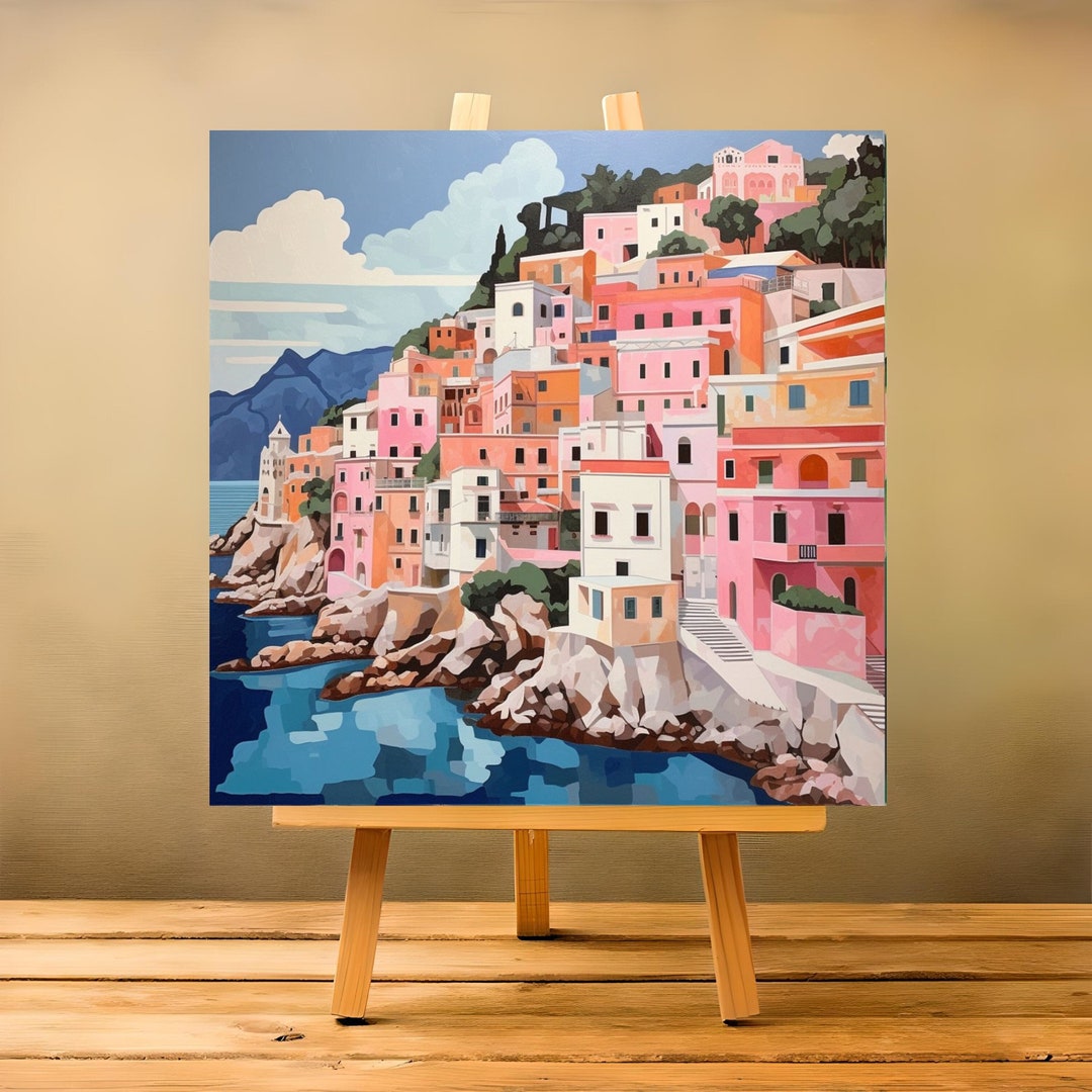 Paint by Numbers Italy , Premium Pastel Pink Amalfi Coast Paint by Numbers Kit DIY Wall and Home