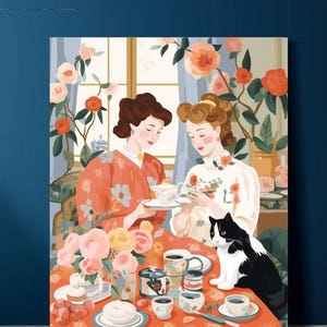 a painting of two women sitting at a table with a cat