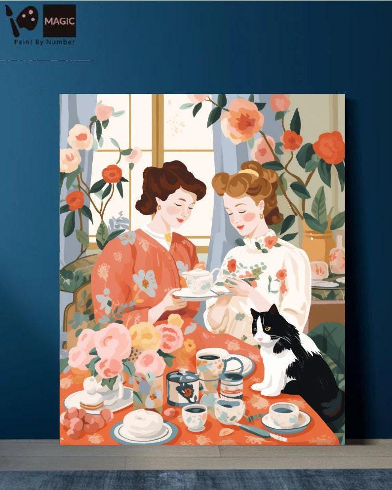 a painting of two women sitting at a table with a cat
