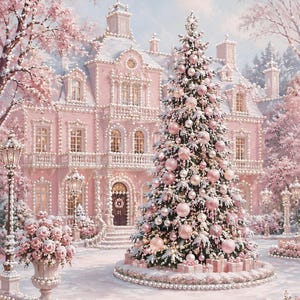 Puede incluir: Una gran mansión rosa ornamentada con detalles de perlas blancas, que presenta un alto árbol de Navidad cubierto de nieve en primer plano, adornado con numerosos adornos rosas y blancos y rodeado de pequeñas cajas de regalo.