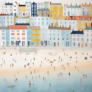 Puede incluir: Una pintura de acuarela de una ciudad costera con casas coloridas y una escena de playa. La gente camina por la playa y en el agua. Hay sombrillas y barcos en el agua.