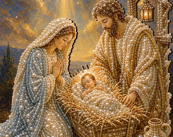 Jesus is Born Christmas Pearl Painting Kit, DIY Holiday Craft Gift for Adults, Pre-Framed Diamond Art Alternative, Winter Decor, Made in USA