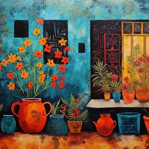 May include: An abstract painting of a vibrant outdoor scene. A turquoise wall serves as a backdrop for various potted plants and flowers in orange, red, and green hues. The scene includes a door and windows.