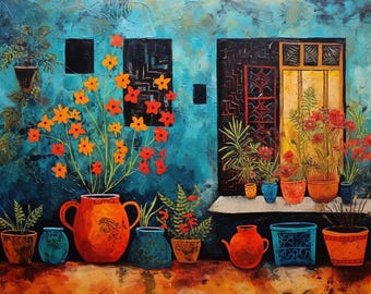 May include: An abstract painting of a vibrant outdoor scene. A turquoise wall serves as a backdrop for various potted plants and flowers in orange, red, and green hues. The scene includes a door and windows.