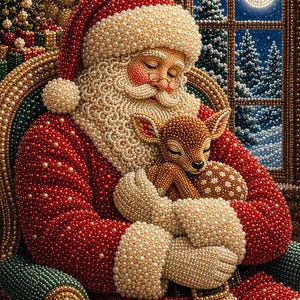 May include: A mosaic-style artwork featuring Santa Claus in a red suit with white trim, crafted from small beads. Santa holds a small brown fawn with white spots. The scene includes a window showing a snowy forest and a bright full moon at night.