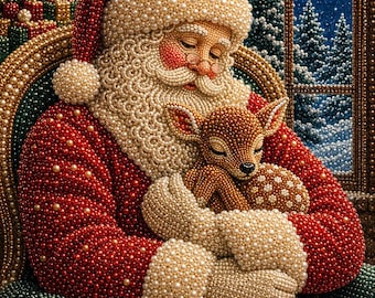 May include: A mosaic-style artwork featuring Santa Claus in a red suit with white trim, crafted from small beads. Santa holds a small brown fawn with white spots. The scene includes a window showing a snowy forest and a bright full moon at night.