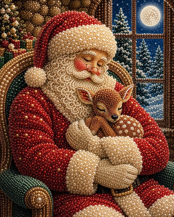 Christmas Santa Pearl Painting Kit, DIY Holiday Craft Gift for Adults, Pre-Framed Diamond Art Alternative, Winter Decor