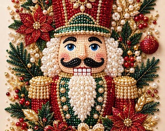 Nutcracker Christmas Pearl Painting Kit, DIY Holiday Craft Gift for Adults, Pre-Framed Diamond Art Alternative, Winter Decor, Made in USA