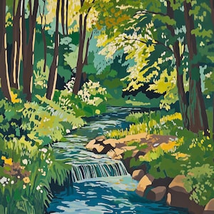 a painting of a stream running through a forest