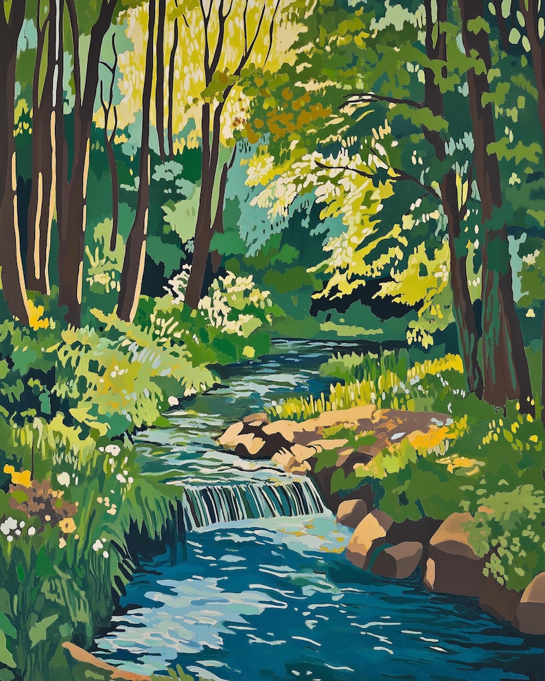a painting of a stream running through a forest