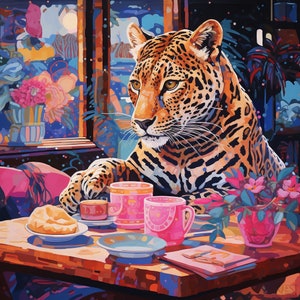 Jaguar at Cafe  DIY Modern Paint By Numbers Kit, Vintage Premium, ready frame