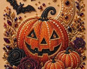 Woodland Glow Pumpkin Halloween Pearl Painting Kit, DIY Spooky Craft for Adults, Pre-Framed Diamond Art Alternative, Fall Decor, Made in USA