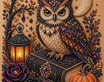 Owl Night Halloween Pearl Painting Kit, DIY Spooky Craft for Adults, Pre-Framed Diamond Art Alternative, Fall Decor, Made in USA