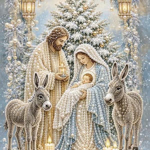 Puede incluir: Una escena de natividad compuesta por perlas blancas y crema con una figura central que sostiene una linterna, una figura con un bebé y dos burros. El fondo incluye un árbol de Navidad adornado con perlas, linternas colgantes y velas.