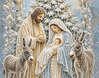 Jesus is Born Christmas Pearl Painting Kit, DIY Holiday Craft Gift for Adults, Pre-Framed Diamond Art Alternative, Winter Decor, Made in USA