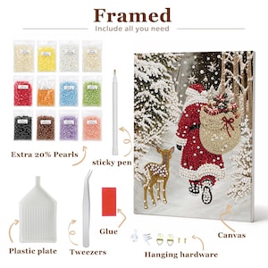 The image is a framed painting depicting a snowy scene with a person in a Santa suit carrying a sack of presents. The painting includes various craft supplies such as extra pearls, sticky pens, glue, plastic plate, tweezers, and hanging hardware.