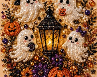 Glowing Ghost Halloween Pearl Painting Kit, DIY Spooky Craft for Adults,Pre-Framed Diamond Art Alternative, Fall Decor, Made in USA