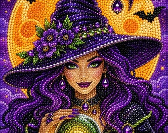 Midnight Witch Moon Halloween Pearl Painting Kit, DIY Spooky Craft for Adults, Pre-Framed Diamond Art Alternative, Fall Decor, Made in USA