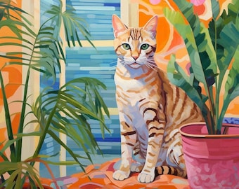May include: A painting of a tabby cat with green eyes, sitting on a patterned surface. The cat is surrounded by potted plants and pink flowers, with a blue window and orange wall in the background. The artwork has a vibrant, colorful style.
