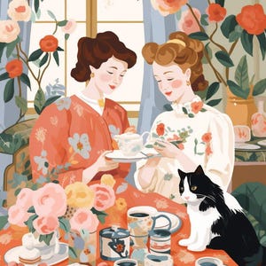 a painting of two women sitting at a table with a cat