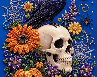 Skull and Raven Halloween Pearl Painting Kit, DIY Spooky Craft for Adults, Pre-Framed Diamond Art Alternative, Fall Decor, Made in USA