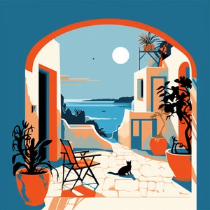 Gatto in Grecia da dipingere con i numeri, kit minimalista da dipingere con i numeri, pittura moderna con i numeri, pittura per principianti con i numeri, incorniciato