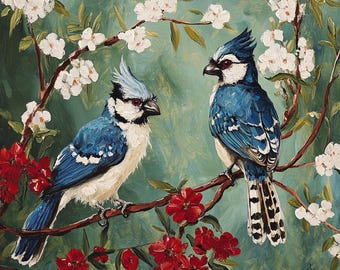 Könnte beinhalten: Ölgemälde mit zwei Blauhähern auf einem Ast mit roten Blumen und weißen Blüten. Die Vögel haben blau-weiße Federn, schwarze Schnäbel und rote Augen. Der Hintergrund ist türkisgrün.