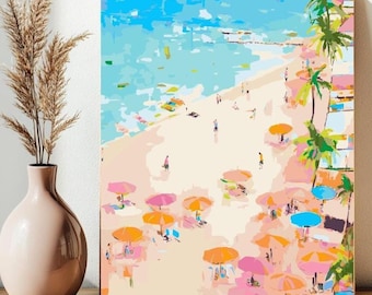 Coastal Beach Paint by Numbers Kit: Blue Umbrellas, Summer Wall Art