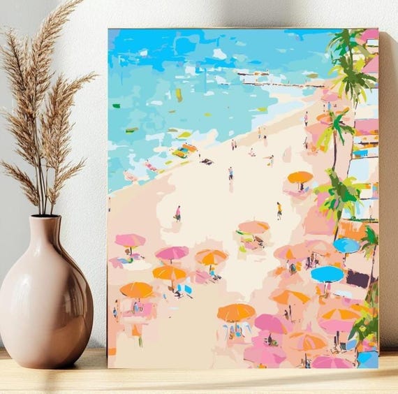 Coastal Beach Paint by Numbers Kit: Blue Umbrellas, Summer Wall Art