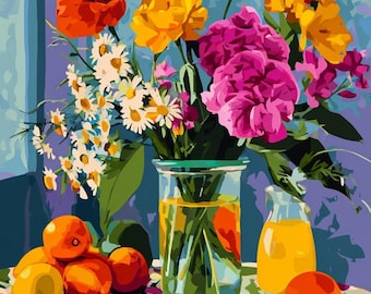 Set met bloemen verf op nummer, eenvoudig ontwerp (vriendelijk voor beginners, grote delen)