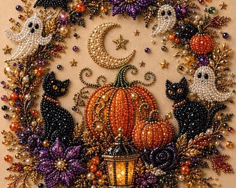 Cat on Jack O Lantern Halloween Pearl Painting Kit, DIY Spooky Craft for Adults, Pre-Framed Diamond Art Alternative, Fall Decor, Made in USA