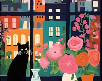May include: A colorful illustration of a black cat sitting on a windowsill, overlooking a cityscape. The window is filled with vibrant flowers in pink and orange hues, and the buildings are in shades of orange, blue, and brown. A striped vase sits next to the cat.