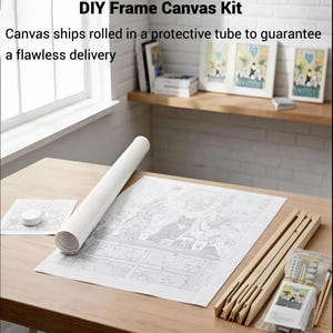 a DIY Frame Canvas Kit, which includes a roll of paper, a wooden frame, and various art supplies such as pencils and paintbrushes, all arranged on a wooden table.