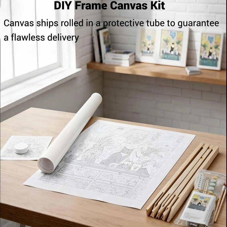 a DIY Frame Canvas Kit, which includes a roll of paper, a wooden frame, and various art supplies such as pencils and paintbrushes, all arranged on a wooden table.