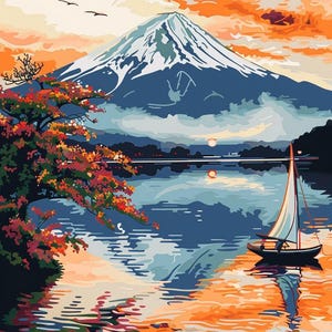 Op de afbeelding: Een landschapsschilderij met een zeilboot op een meer met de berg Fuji op de achtergrond. Het kunstwerk gebruikt een levendig kleurenpalet van blauw, oranje en rood, met een boom op de voorgrond en vogels in de lucht.