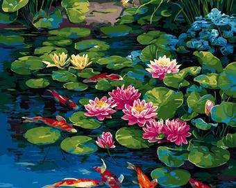 Koi Fish Paint By Numbers Kit - Water Lilies with Vibrant Acrylics
