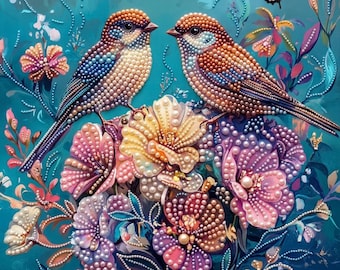 Love Birds Pearl Painting Kit for Adults, Pre-Framed DIY 3D Art Kit, Diamond Painting Alternative, Paint by Numbers Craft Gift for Her