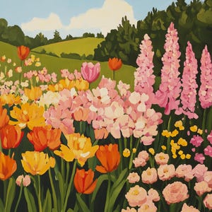 Paesaggio naturale Dipingi con i numeri, Dipingi con i numeri vintage Per adulti, fiori primaverili, tulipani, montagne dipingi con i numeri vintage