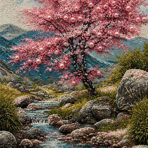 Puede incluir: Una pieza de arte mural texturizada que presenta un cerezo en flor con detalles de perlas rosas, sobre un paisaje de montañas azules y un arroyo. La escena está elaborada con intrincados abalorios, creando un efecto tridimensional.