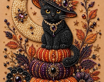 Cat on Jack O Lantern Halloween Pearl Painting Kit, DIY Spooky Craft for Adults, Pre-Framed Diamond Art Alternative, Fall Decor, Made in USA
